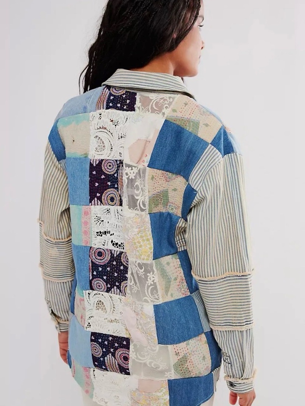 Free People x Tricia Fix Patchwork Craft Shirt Denim Lace Railroad Stripe XS/S - Picture 2 of 4